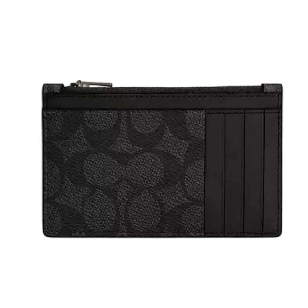 Coach Zip Card Case In Signature Canvas Gunmetal/Charcoal